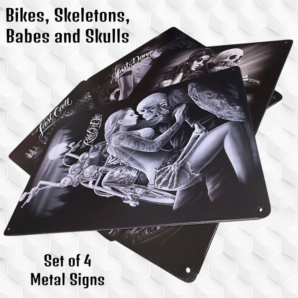 Set of 4 Metal Signs – Skulls, Babes, Bikes & Skeletons 8"X12", NWOT